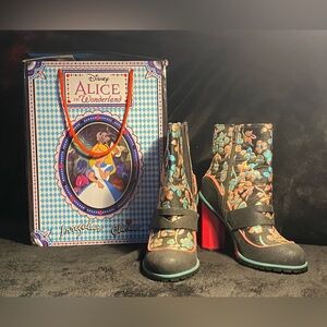 NWT Irregular Choice “Who in the World”
ankle boots,floral embroidery,pink heel
